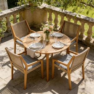 Christopher Knight Home Pelham Wooden Patio Dining Set for 4, Acacia Wood Outdoor Dining Table Set for 4, 5 Piece Outdoor Dining Set with Round Table and Armchair with Seat Cushion, Teak+Beige(Grey + Teak)