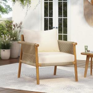 Christopher Knight Home Posey Modern Patio Wooden Club Chair with Rope Woven Armrest&Backrest, Outdoor Lounge Chair with Weather-Resistant Removable Cushions, Deep Seating Accent Chair, Teak+Beige