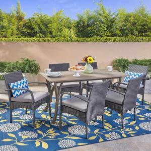 Christopher Knight Home Rene Outdoor 7 Piece Wood and Wicker Dining Set, Gray Finish/Gray