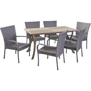 Christopher Knight Home Robin Outdoor 7 Piece Wood and Wicker Dining Set, Gray Finish/Gray