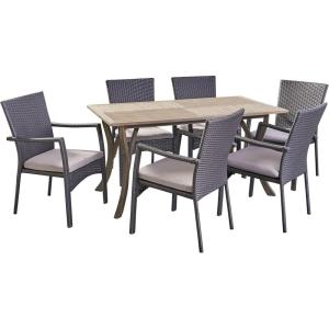 Christopher Knight Home Ronnie Outdoor 7 Piece Wood and Wicker Dining Set, Gray Finish/Gray