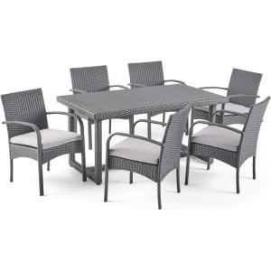 Christopher Knight Home Sophia Outdoor 7 Piece Wicker Dining Set, Grey Cushions