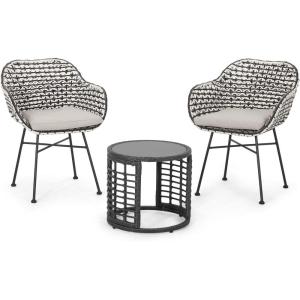 Lareina Outdoor 3 Piece Wicker Chat Set, White, Beige, and Black
