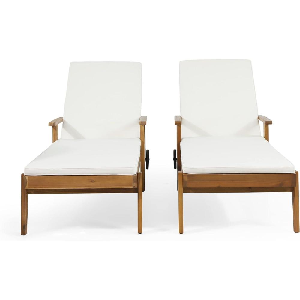 image:imageChristopher Knight Home Jason Outdoor Chaise Lounge with Water Resistant Cushion  Acacia Wood  TeakOrange Set of 2Teak Finish  Yellow  Cream