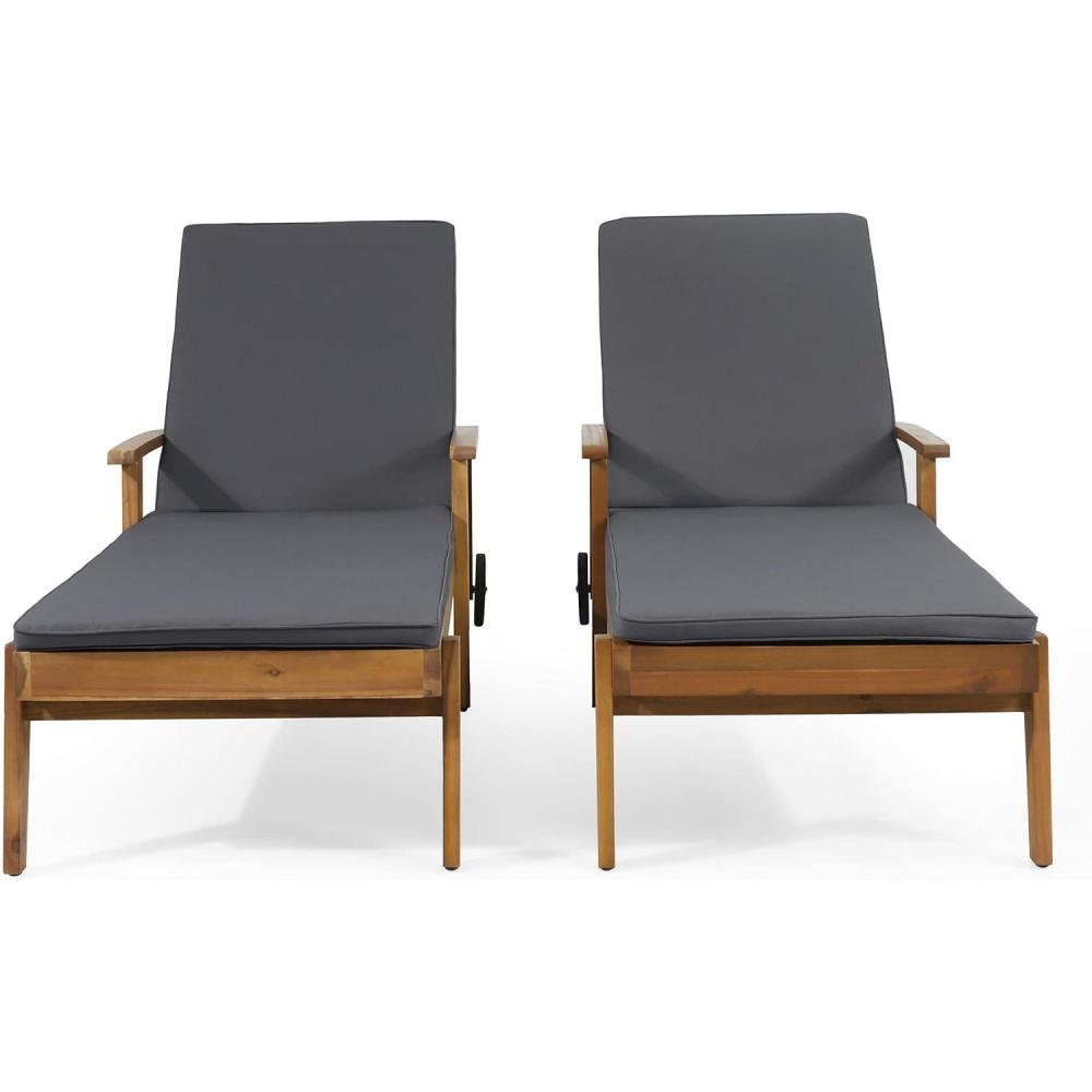 image:imageChristopher Knight Home Jason Outdoor Chaise Lounge with Water Resistant Cushion  Acacia Wood  TeakOrange Set of 2Teak Finish  Yellow  Dark Gray