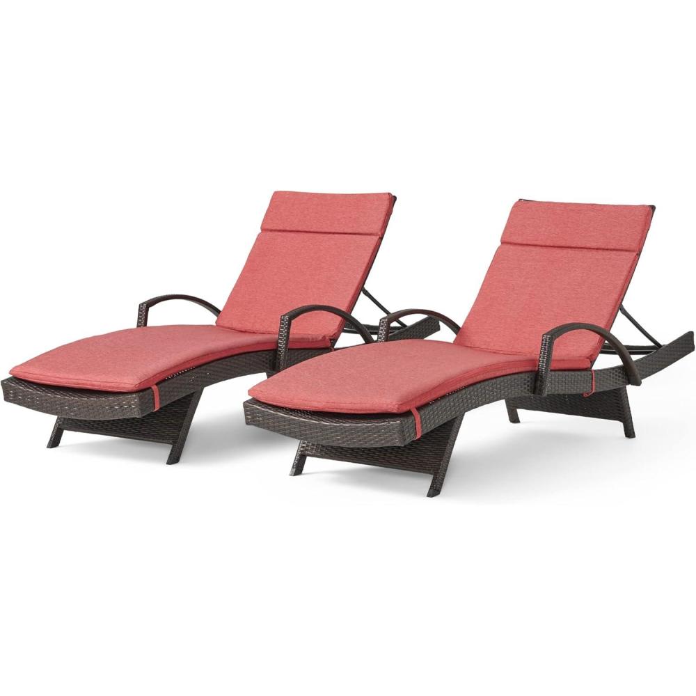 image:imageChristopher Knight Home Salem Outdoor Wicker Adjustable Chaise Lounges with Arms with Cushions 2Pcs Set Multibrown Red