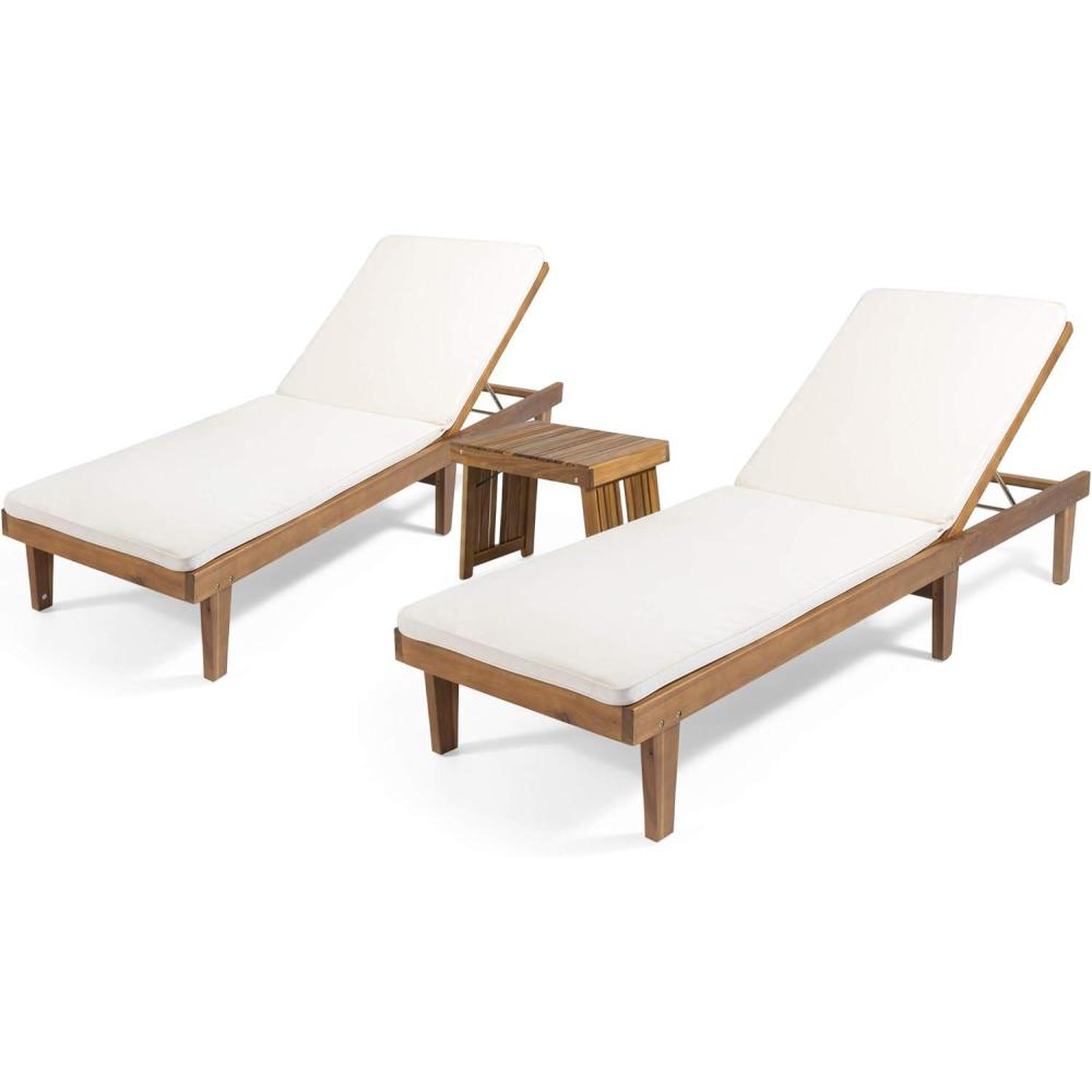 image:imageChristopher Knight Home Warner Outdoor Acacia Wood 3 Piece Chaise Lounge Set Teak Finish CreamCream