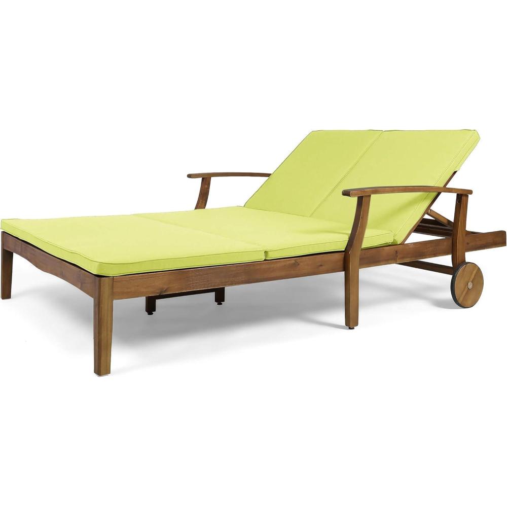 image:imageGDFStudio Samantha Double Chaise Lounge for Yard and Patio Acacia Wood Frame Teak Finish with Green Cushions 307567Teak Finish  Green