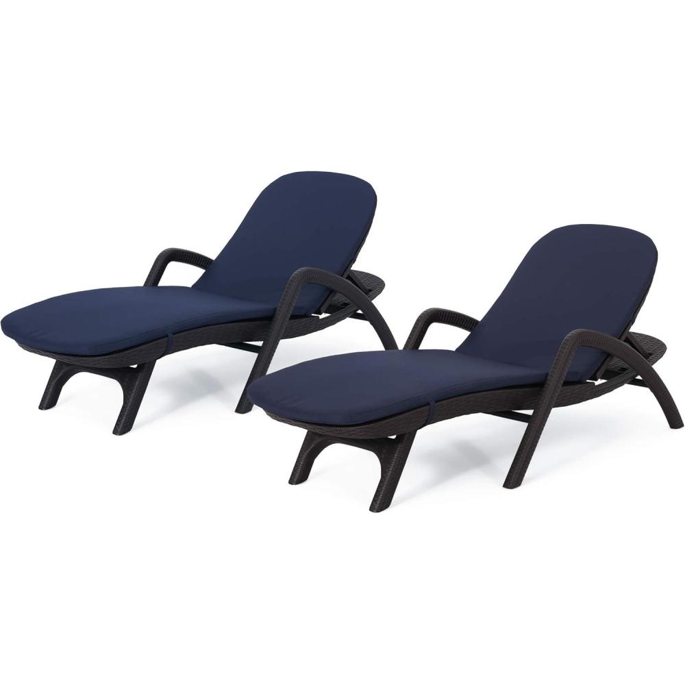 image:imageJoseph Outdoor Faux Wicker Chaise Lounges with Cushion Set of 2 Dark Brown and Navy BlueDark Brown  Navy Blue