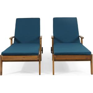 Christopher Knight Home Jason Outdoor Chaise Lounge with Water Resistant Cushion – Acacia Wood – Teak/Orange (Set of 2)(Teak Finish + Yellow + Blue)