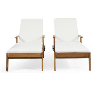 Christopher Knight Home Jason Outdoor Chaise Lounge with Water Resistant Cushion – Acacia Wood – Teak/Orange (Set of 2)(Teak Finish + Yellow + Cream)