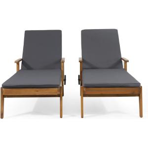 Christopher Knight Home Jason Outdoor Chaise Lounge with Water Resistant Cushion – Acacia Wood – Teak/Orange (Set of 2)(Teak Finish + Yellow + Dark Gray)