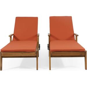 Christopher Knight Home Jason Outdoor Chaise Lounge with Water Resistant Cushion – Acacia Wood – Teak/Orange (Set of 2)(Teak Finish + Yellow + Orange)