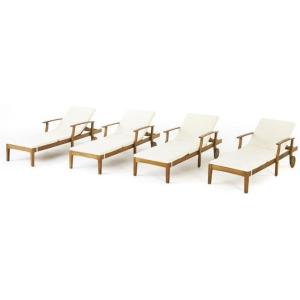 Great Deal Furniture Daisy Outdoor Teak Finish Chaise Lounge with Green Water Resistant Cushion (Set of 4),303882(Teak)