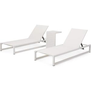 Jerome Outdoor Aluminum Chaise Lounge Set with C-Shaped End Table, White(White)