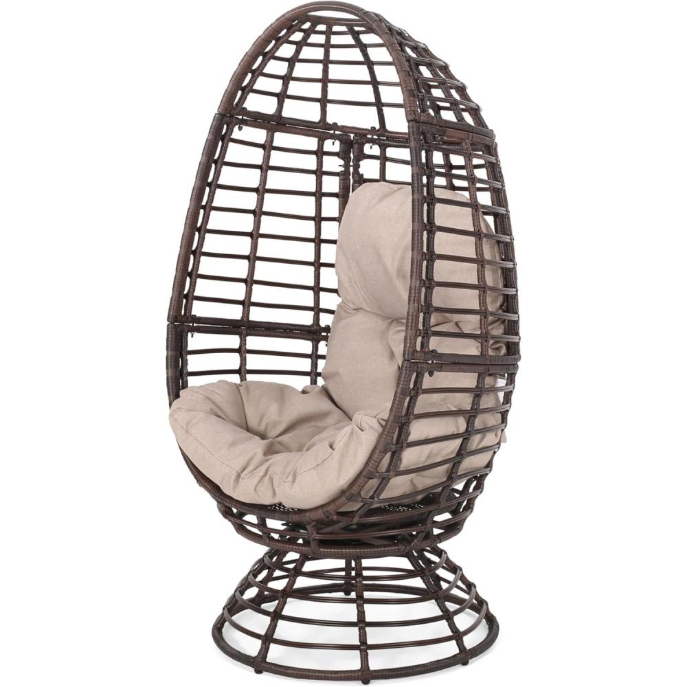 image:imageChristopher Knight Home Frances Outdoor Wicker Swivel Egg Chair with Cushion Dark Brown Beige