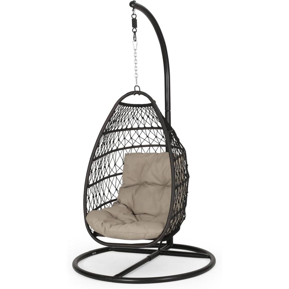 image:imageElmcrest Outdoor Foldable Hanging Chair with Stand Wicker and Rope MultibrownTanBlack