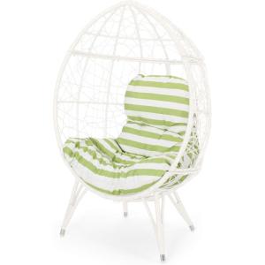 Christopher Knight Home Valerie Outdoor Wicker Teardrop Chair with Cushion, White and Green