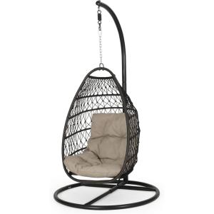 Elmcrest Outdoor Foldable Hanging Chair with Stand – Wicker and Rope – Multibrown/Tan/Black