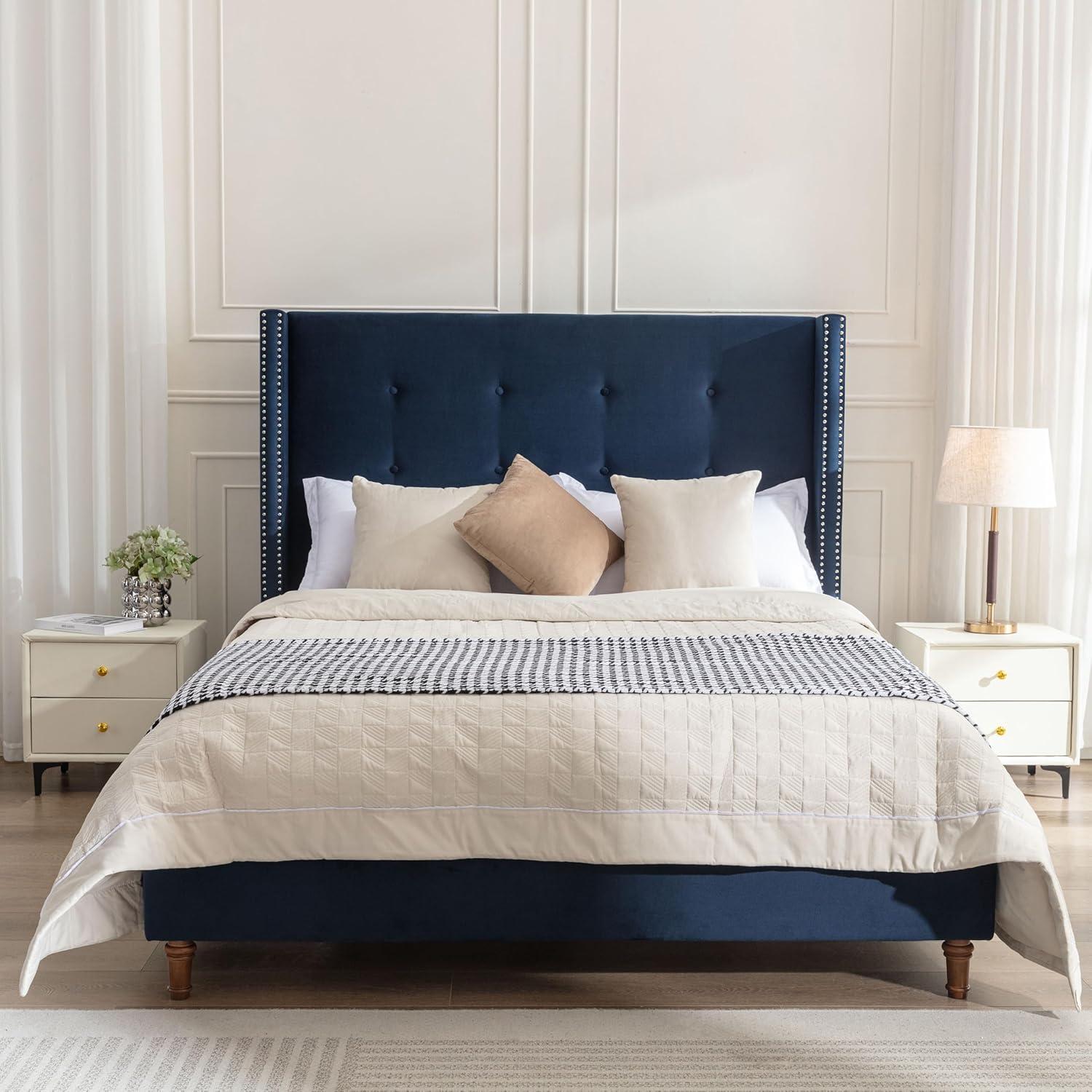 image:imageChristopher Knight Home Bacro 54 H Tall Headboard Upholstered Bed Queen Size Bed Slat Support Camelback Bed Wingback Headboard No Box Spring Needed Easy Assembly Chenille Headboard Bed IvoryBlue