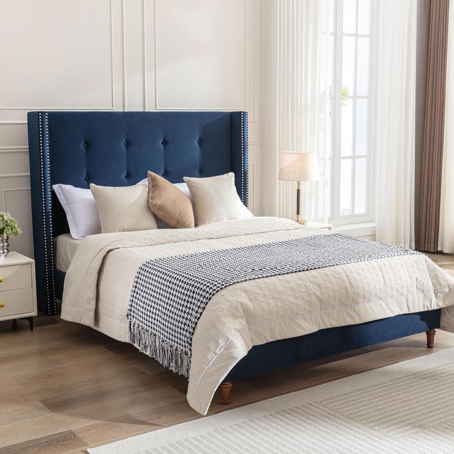 image:imageChristopher Knight Home Bacro 54 H Tall Headboard Upholstered Bed Queen Size Bed Slat Support Camelback Bed Wingback Headboard No Box Spring Needed Easy Assembly Chenille Headboard Bed IvoryBlue