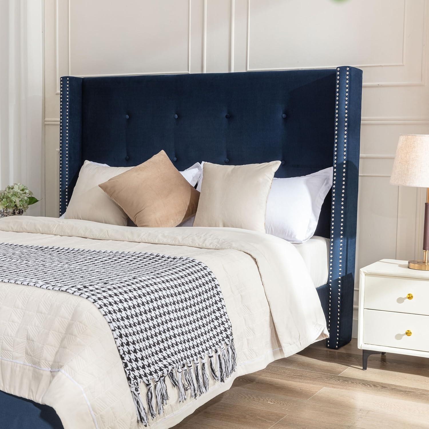 image:imageChristopher Knight Home Bacro 54 H Tall Headboard Upholstered Bed Queen Size Bed Slat Support Camelback Bed Wingback Headboard No Box Spring Needed Easy Assembly Chenille Headboard Bed IvoryBlue
