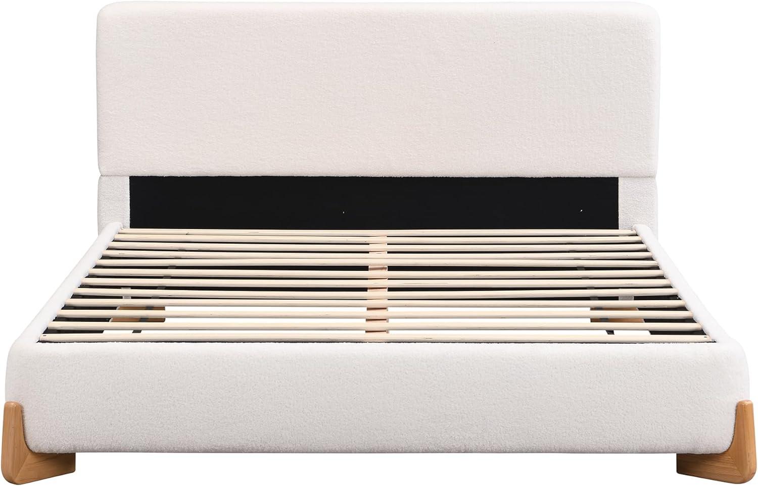 image:imageChristopher Knight Home Bettine Boucle Queen Size Bed Frame and Headboard Upholstered Queen Size Headboard Wooden Slat Panel Platform Bed Brown Wood Leg No Box Spring Needed Easy Assembly WhiteNatural Wood Leg