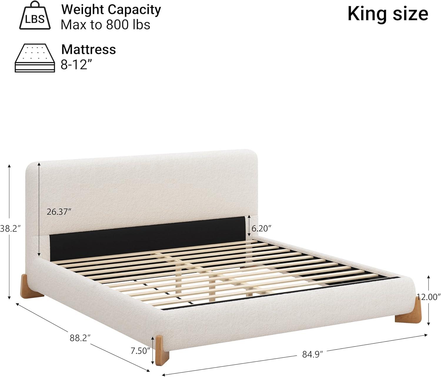 image:imageChristopher Knight Home Bettine Boucle Queen Size Bed Frame and Headboard Upholstered Queen Size Headboard Wooden Slat Panel Platform Bed Brown Wood Leg No Box Spring Needed Easy Assembly WhiteNatural Wood Leg