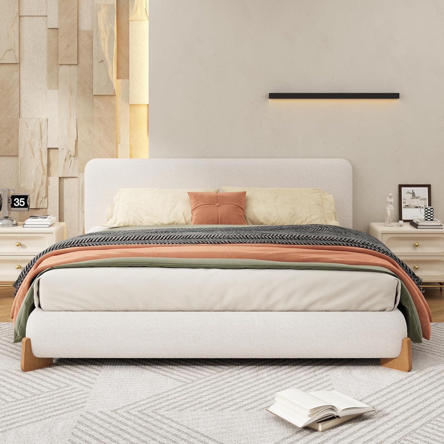 image:imageChristopher Knight Home Bettine Boucle Queen Size Bed Frame and Headboard Upholstered Queen Size Headboard Wooden Slat Panel Platform Bed Brown Wood Leg No Box Spring Needed Easy Assembly WhiteNatural Wood Leg