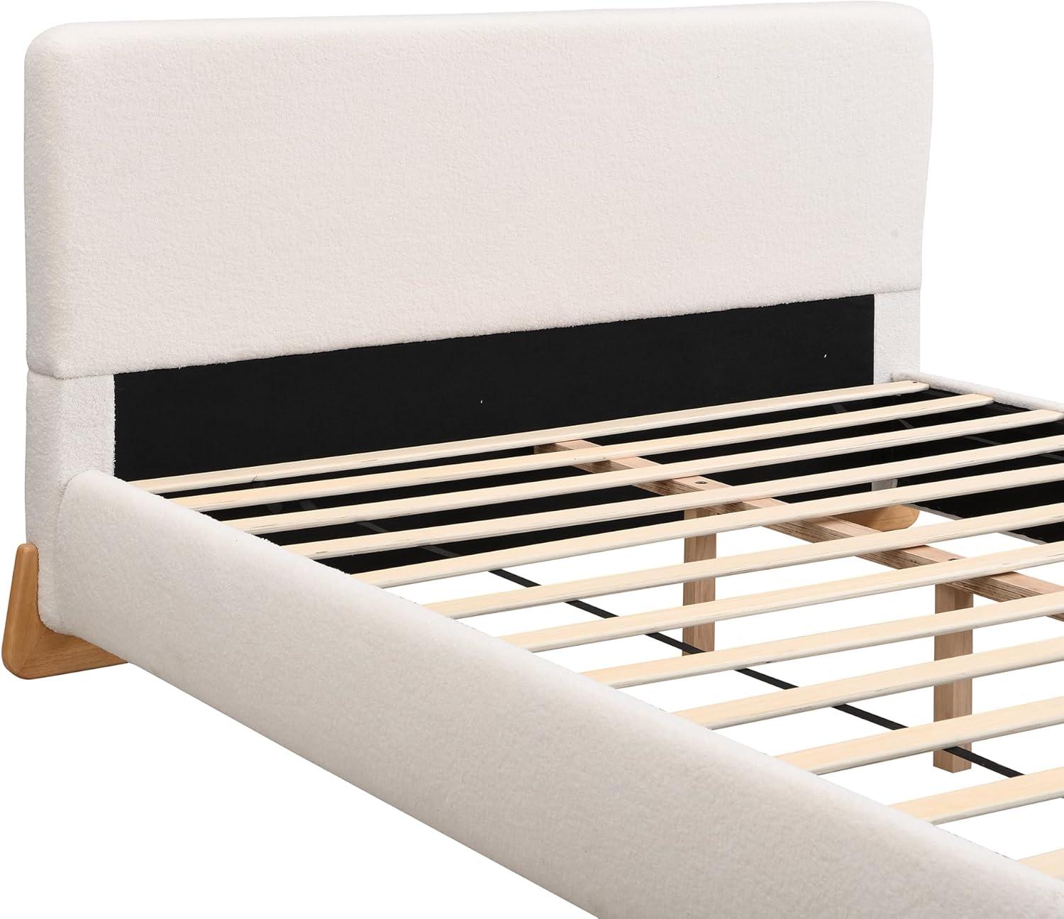 image:imageChristopher Knight Home Bettine Boucle Queen Size Bed Frame and Headboard Upholstered Queen Size Headboard Wooden Slat Panel Platform Bed Brown Wood Leg No Box Spring Needed Easy Assembly WhiteNatural Wood Leg