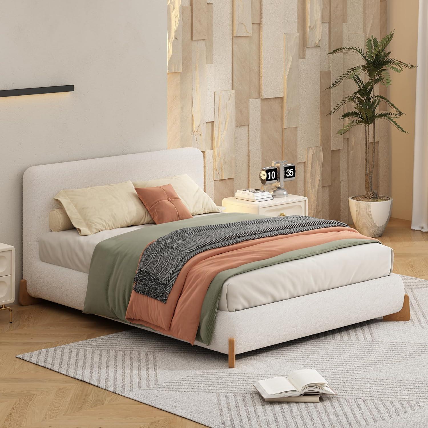 image:imageChristopher Knight Home Bettine Boucle Queen Size Bed Frame and Headboard Upholstered Queen Size Headboard Wooden Slat Panel Platform Bed Brown Wood Leg No Box Spring Needed Easy Assembly WhiteNatural Wood Leg