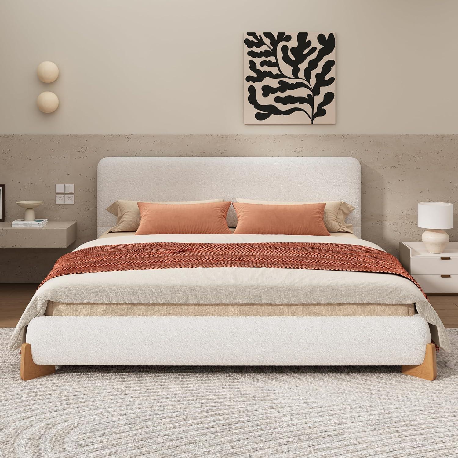 image:imageChristopher Knight Home Bettine Boucle Queen Size Bed Frame and Headboard Upholstered Queen Size Headboard Wooden Slat Panel Platform Bed Brown Wood Leg No Box Spring Needed Easy Assembly WhiteNatural Wood Leg