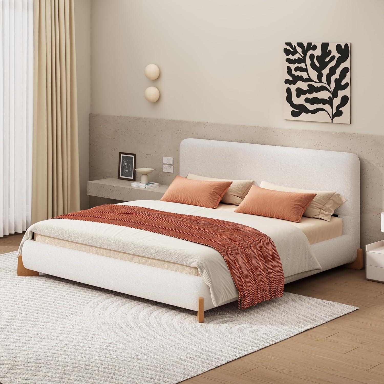 image:imageChristopher Knight Home Bettine Boucle Queen Size Bed Frame and Headboard Upholstered Queen Size Headboard Wooden Slat Panel Platform Bed Brown Wood Leg No Box Spring Needed Easy Assembly WhiteNatural Wood Leg