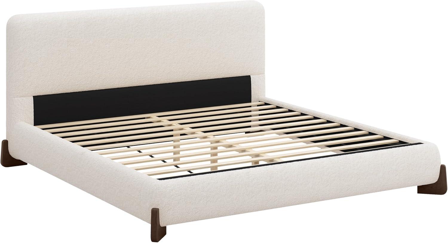 image:imageChristopher Knight Home Bettine Boucle Queen Size Bed Frame and Headboard Upholstered Queen Size Headboard Wooden Slat Panel Platform Bed Brown Wood Leg No Box Spring Needed Easy Assembly WhiteBrown Wood Leg
