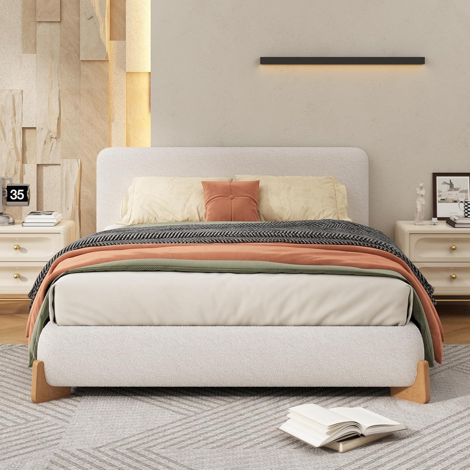 image:imageChristopher Knight Home Bettine Boucle Queen Size Bed Frame and Headboard Upholstered Queen Size Headboard Wooden Slat Panel Platform Bed Brown Wood Leg No Box Spring Needed Easy Assembly WhiteNatural Wood Leg