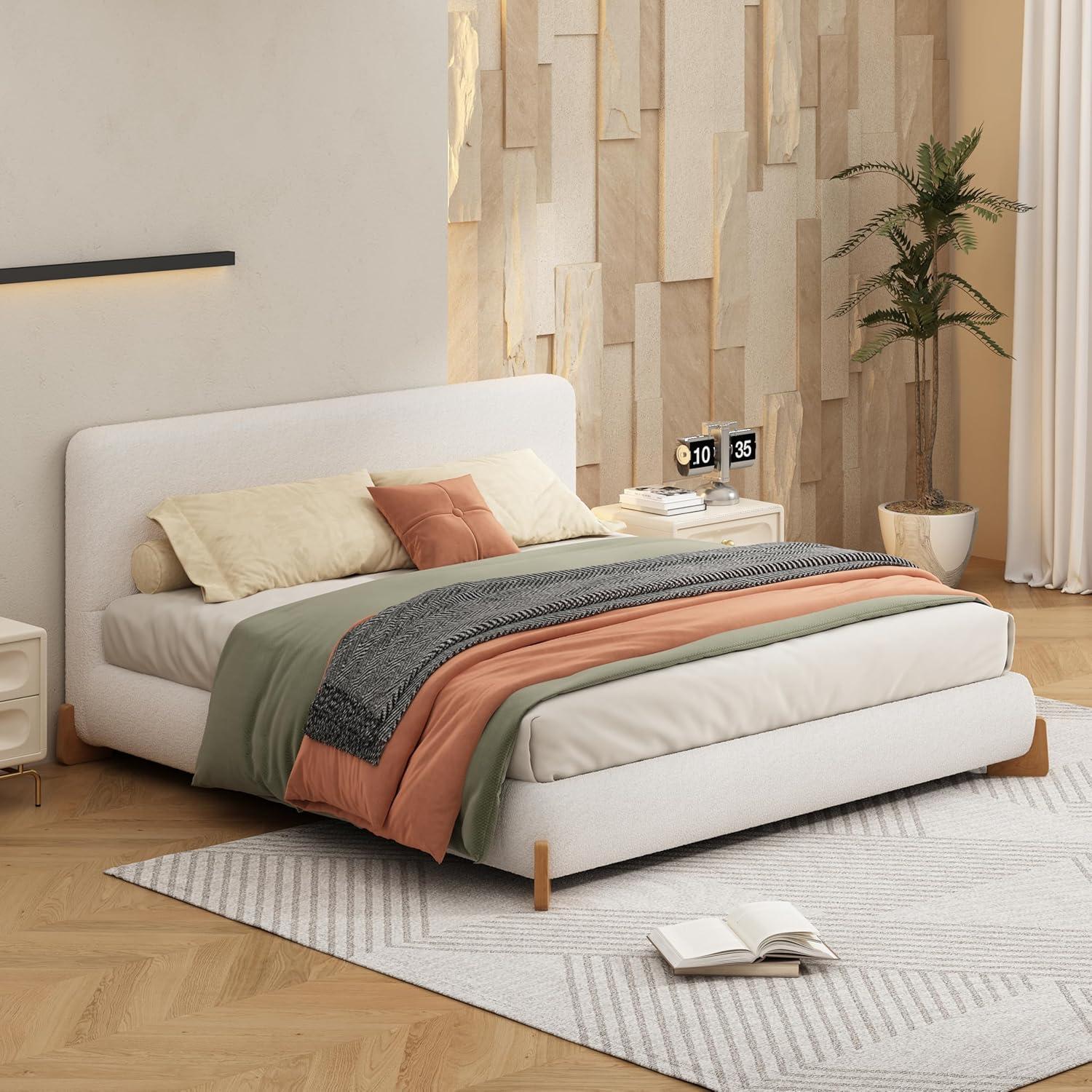 image:imageChristopher Knight Home Bettine Boucle Queen Size Bed Frame and Headboard Upholstered Queen Size Headboard Wooden Slat Panel Platform Bed Brown Wood Leg No Box Spring Needed Easy Assembly WhiteNatural Wood Leg