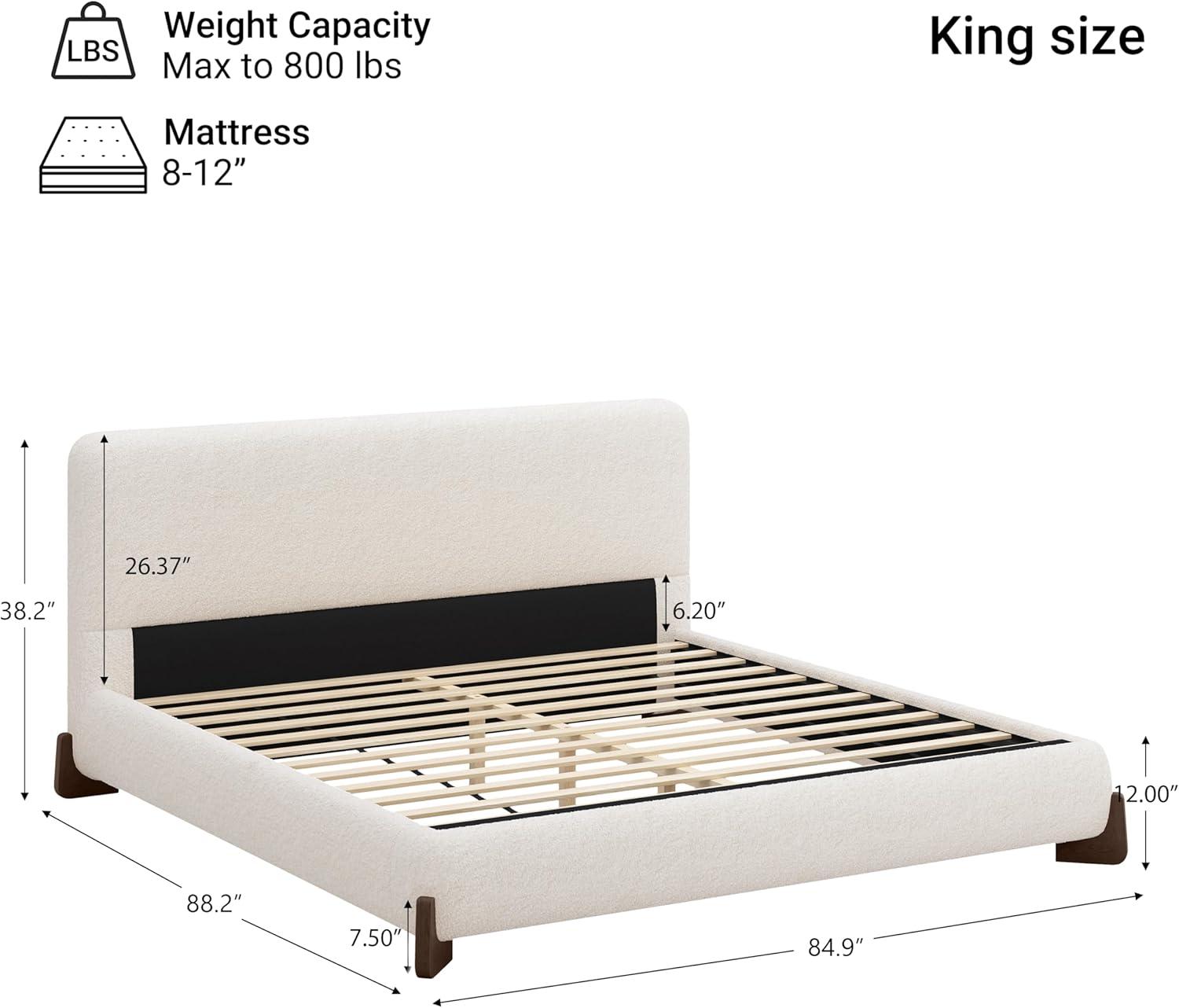 image:imageChristopher Knight Home Bettine Boucle Queen Size Bed Frame and Headboard Upholstered Queen Size Headboard Wooden Slat Panel Platform Bed Brown Wood Leg No Box Spring Needed Easy Assembly WhiteBrown Wood Leg