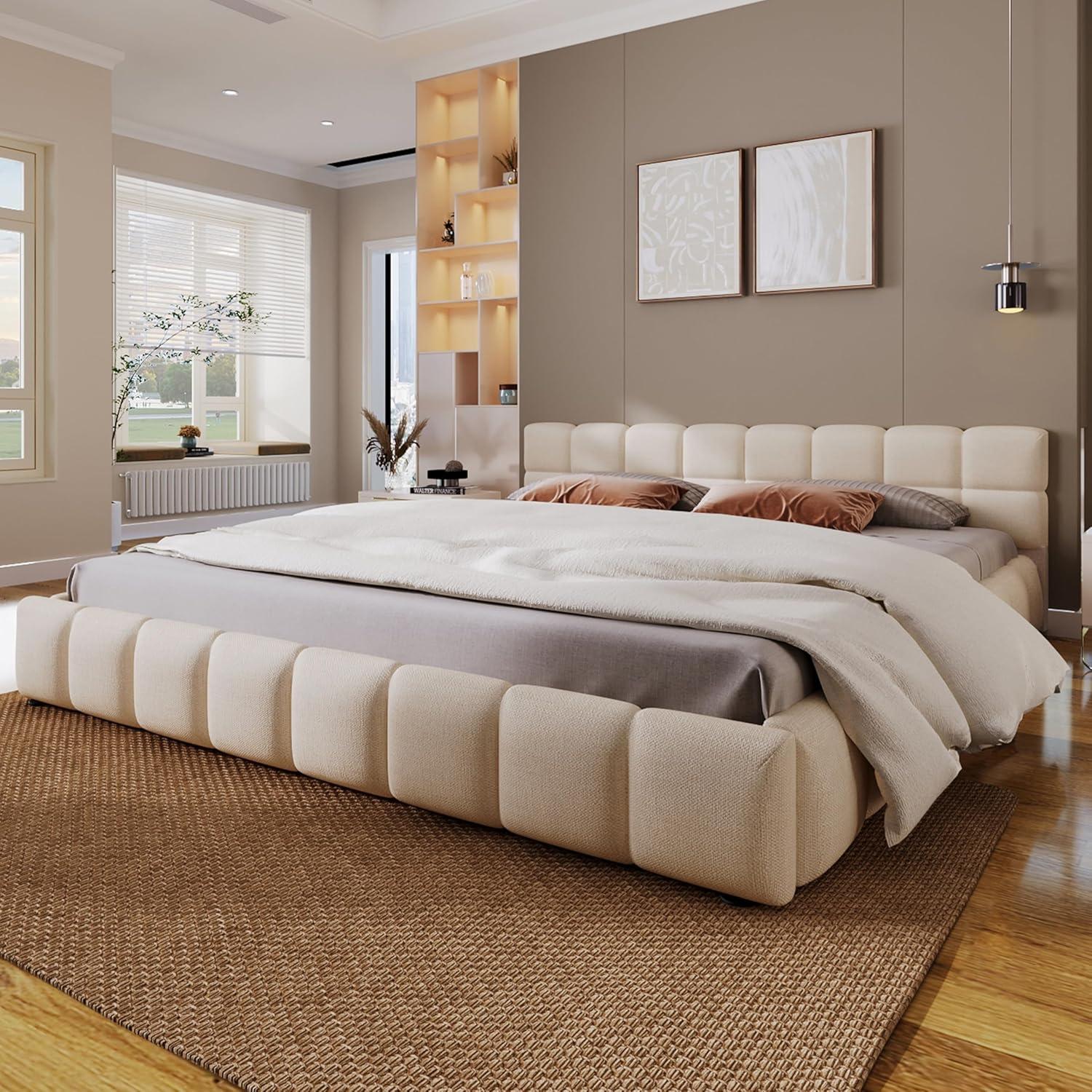 image:imageChristopher Knight Home Bettine Queen Size Bed Frame with Checkerboard Design Headboard Elegant Chenille Upholstered Bed Wooden Slats Easy Assembly Platform Bed No Box Spring Needed BeigeKing
