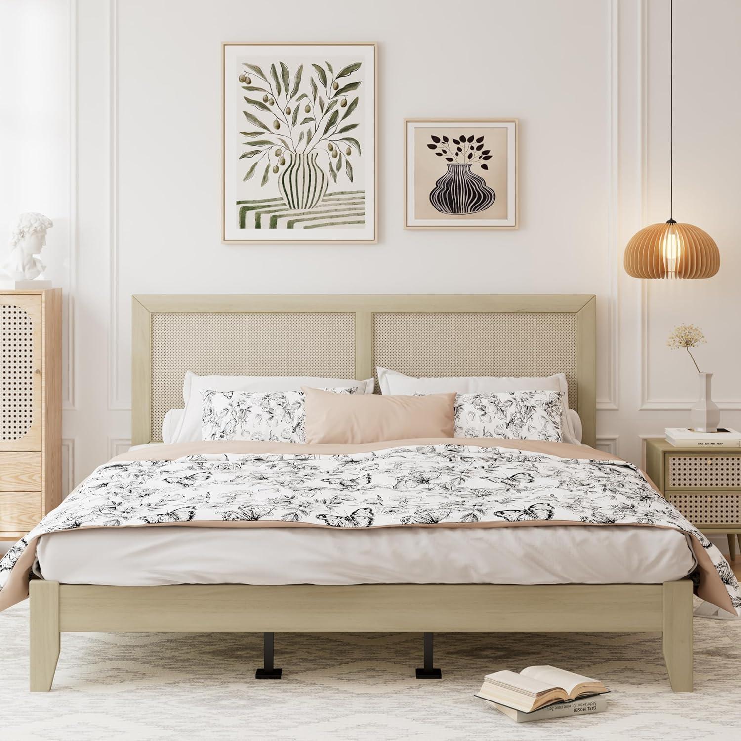 image:imageChristopher Knight Home Eudoca Natural Farmhouse Rubberwood Platform King Bed Frame with Woven Rattan Headboard Solid Wood Bed Bedroom Furniture No Box Spring Needed NoiseFree with Middle LegsNatural