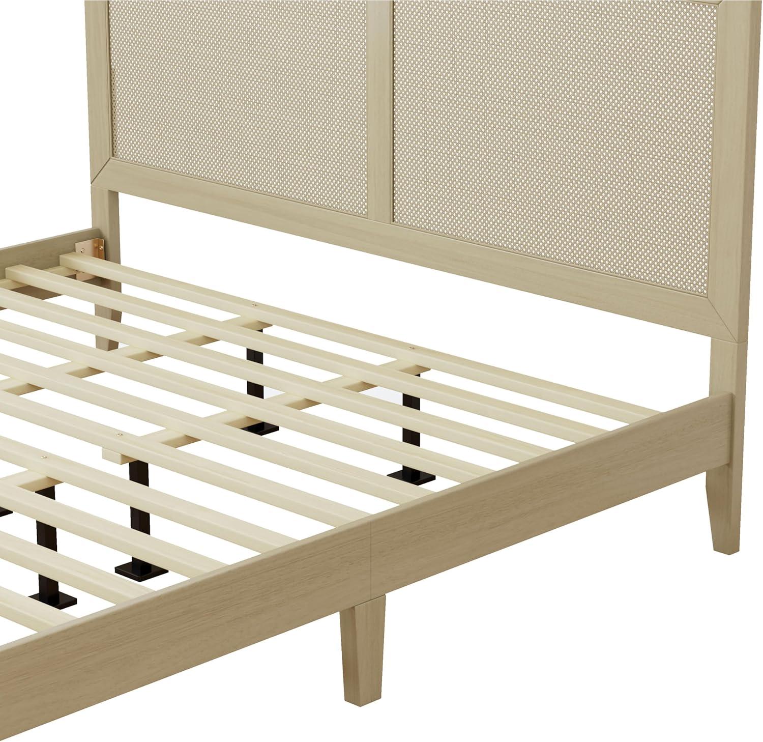 image:imageChristopher Knight Home Eudoca Natural Farmhouse Rubberwood Platform King Bed Frame with Woven Rattan Headboard Solid Wood Bed Bedroom Furniture No Box Spring Needed NoiseFree with Middle LegsNatural
