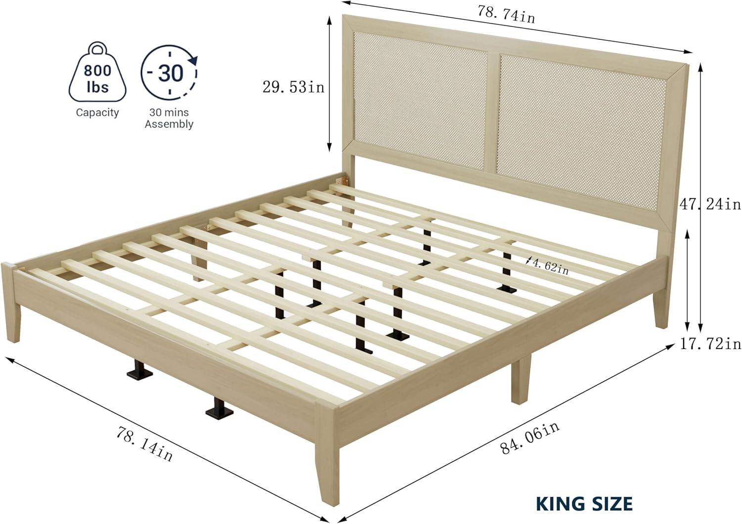 image:imageChristopher Knight Home Eudoca Natural Farmhouse Rubberwood Platform King Bed Frame with Woven Rattan Headboard Solid Wood Bed Bedroom Furniture No Box Spring Needed NoiseFree with Middle LegsNatural