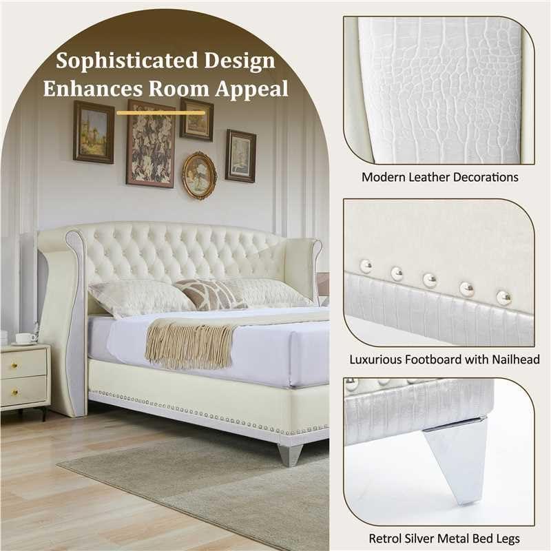image:imageChristopher Knight Home Raelyn Velvet Upholsterted King Size Bed Frame with Headboard Rectangular King Bed Frame with Wingback Headboard Wood Platform Bed Frame No Box Spring Needed Navy BlueBeige