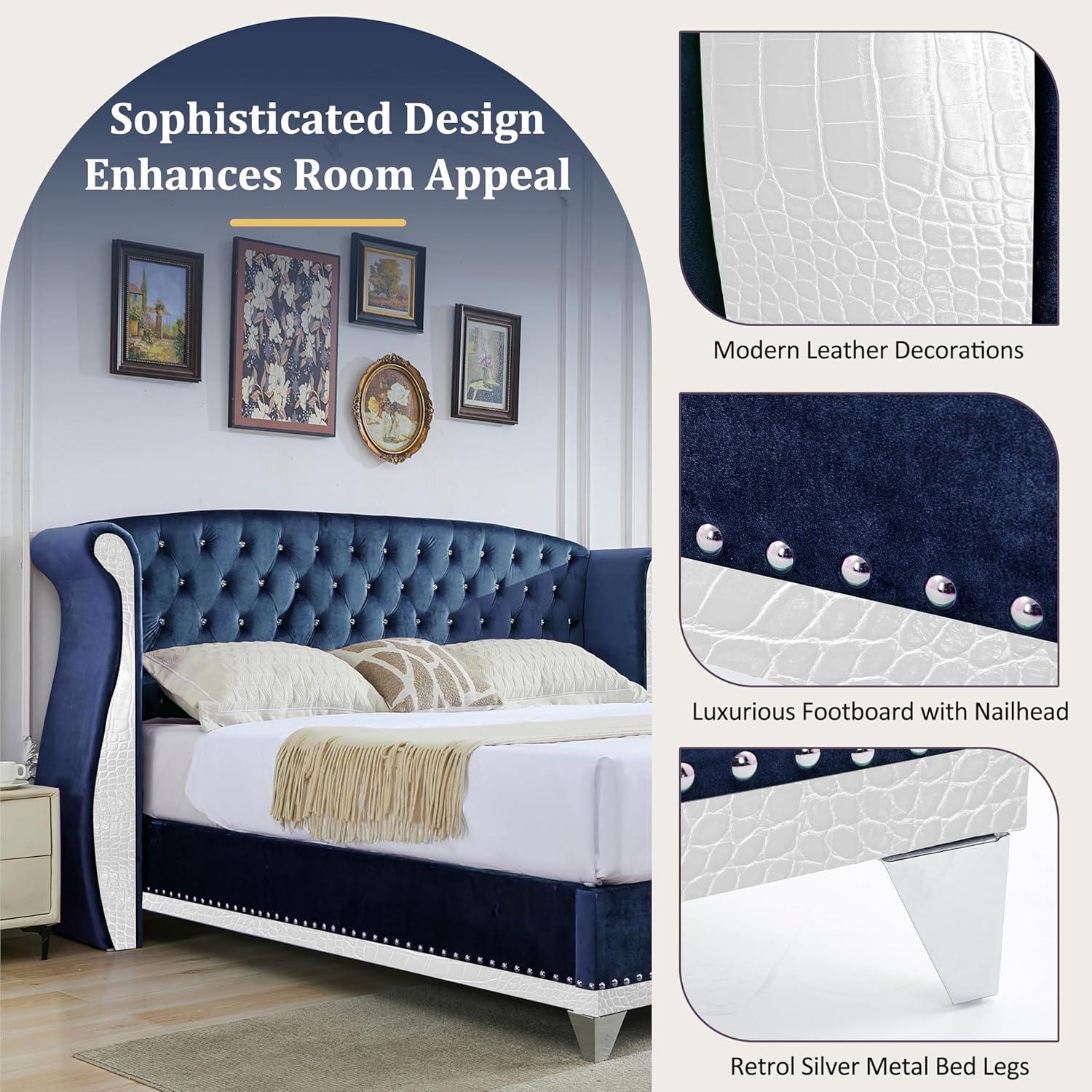 image:imageChristopher Knight Home Raelyn Velvet Upholsterted King Size Bed Frame with Headboard Rectangular King Bed Frame with Wingback Headboard Wood Platform Bed Frame No Box Spring Needed Navy BlueNavy Blue