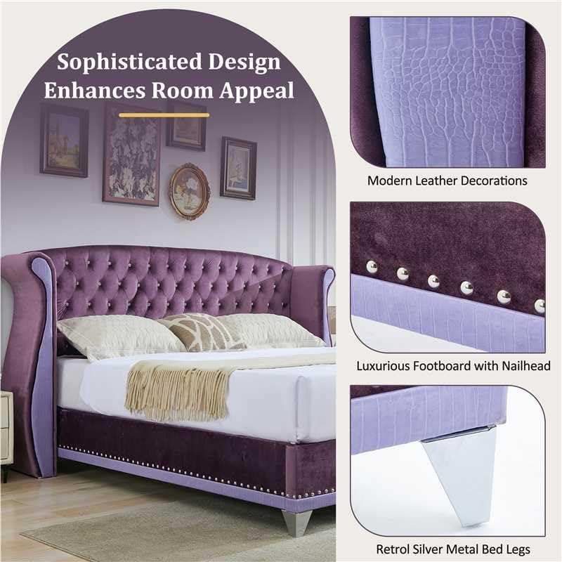 image:imageChristopher Knight Home Raelyn Velvet Upholsterted King Size Bed Frame with Headboard Rectangular King Bed Frame with Wingback Headboard Wood Platform Bed Frame No Box Spring Needed Navy BluePurple