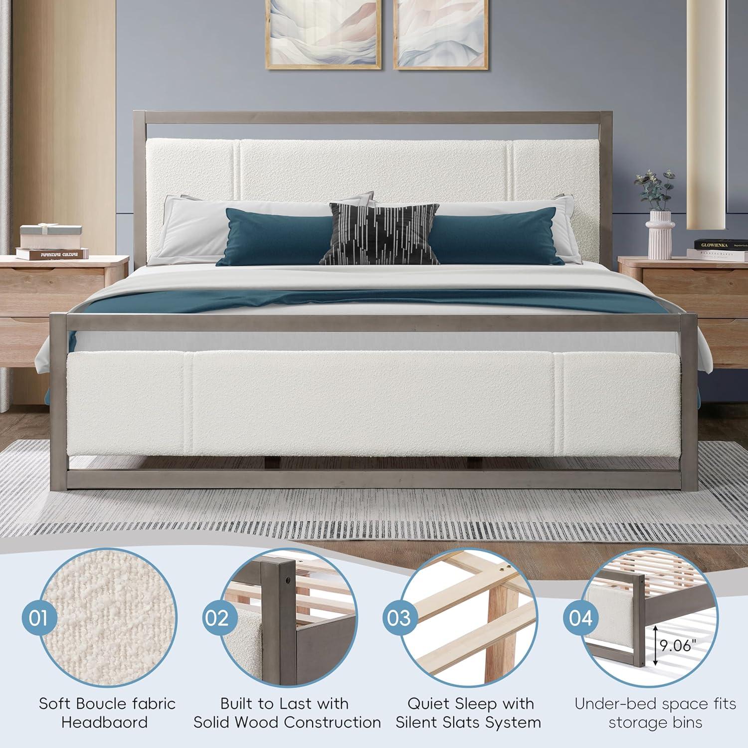 image:imageChristopher Knight Home Ruby King Size Platform Bed Frame Ivory Boucle Fabric Upholstered Headboard and Footboard Wood Bed Support and Slat Fully Mattress Foundation No Box Spring Needed GrayKing
