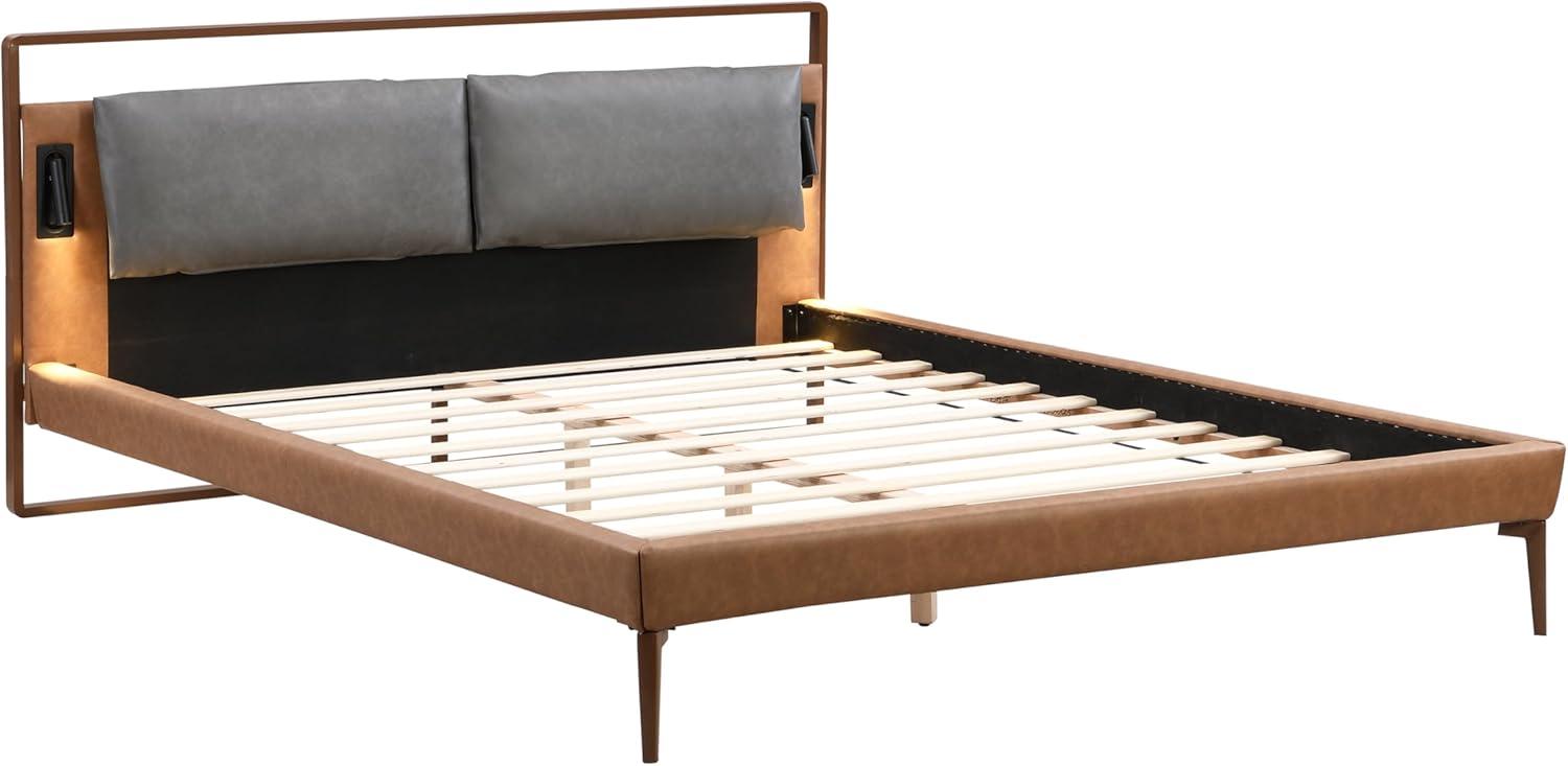 image:imageChristopher Knight Home Solis Queen Size Bed Faux Leather Headboard Upholstered Queen Headboard Slats Panel Support Platform No Spring Box Needed Wood Leg Bed with Lamp Easy Assembly BrownGrayQueen