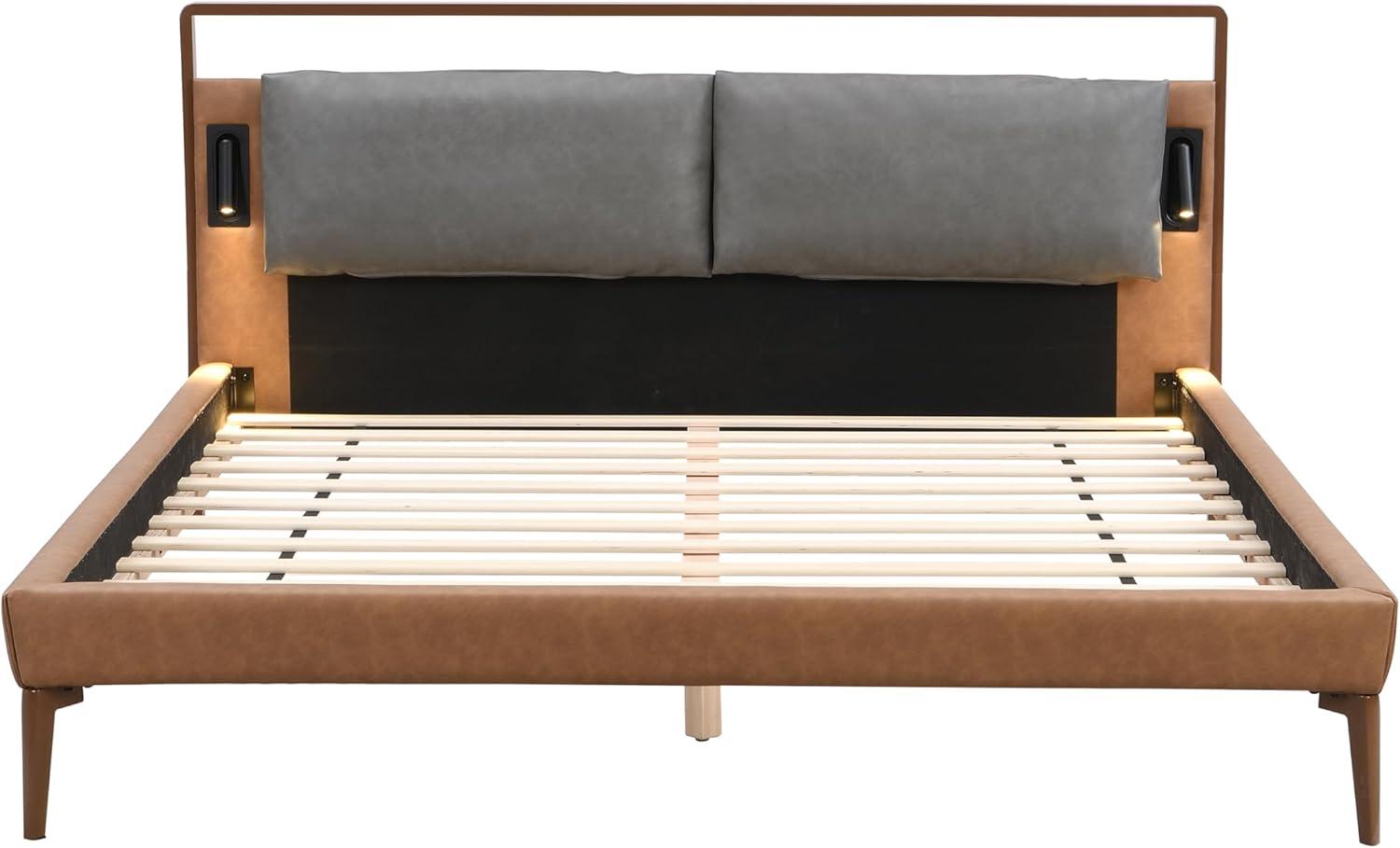 image:imageChristopher Knight Home Solis Queen Size Bed Faux Leather Headboard Upholstered Queen Headboard Slats Panel Support Platform No Spring Box Needed Wood Leg Bed with Lamp Easy Assembly BrownGrayQueen