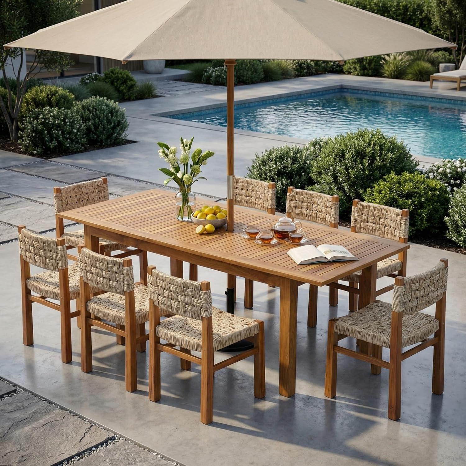 image:imageChristopher Knight Home Vikle 9Piece Outdoor Dining Set Acacia Wood Extendable Table with Umbrella Hole and 8 Wicker Chairs Patio Dining Furniture Set for GardenBackyard Light GreyTeakNaturalLight Greyteaknatural