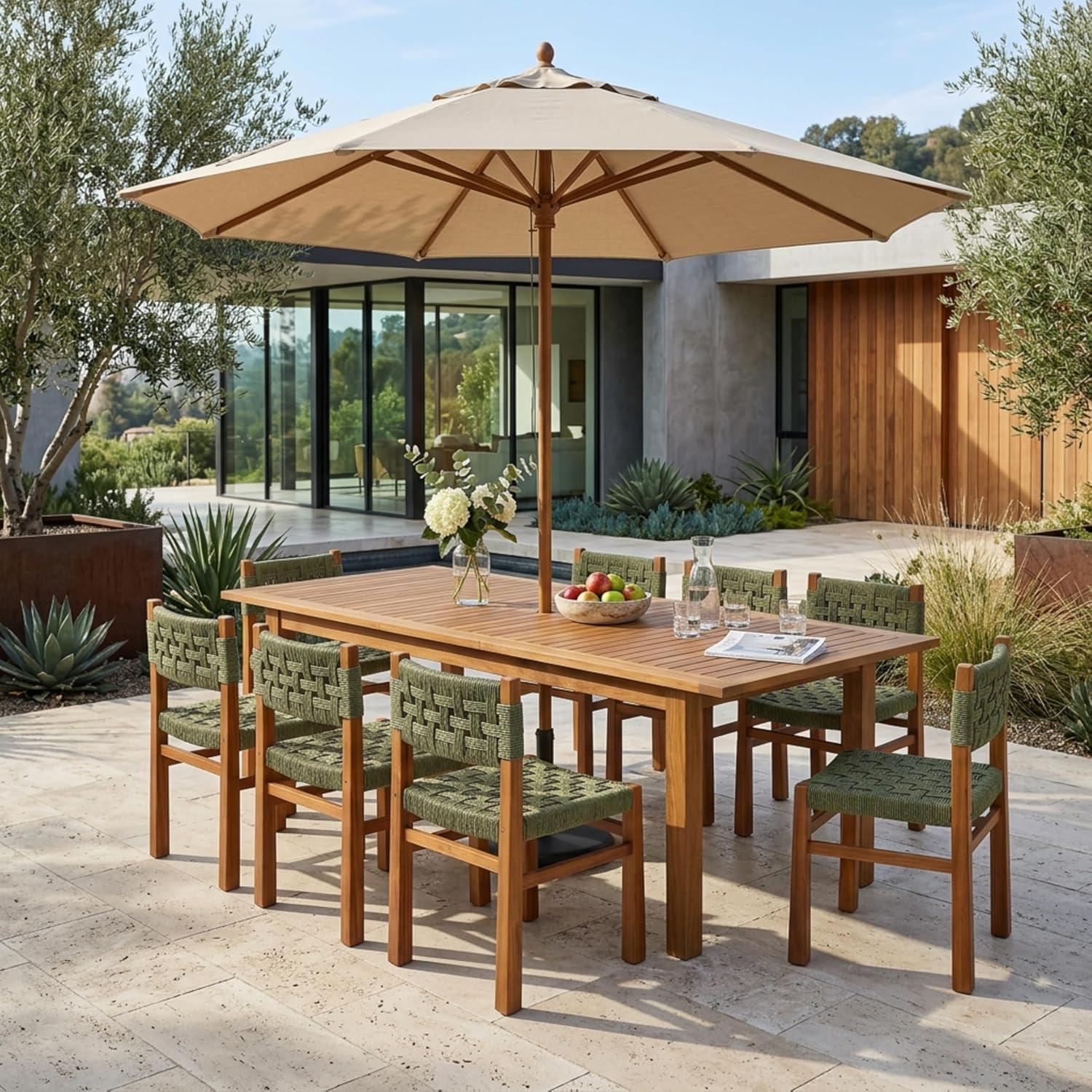 image:imageChristopher Knight Home Vikle 9Piece Outdoor Dining Set Acacia Wood Extendable Table with Umbrella Hole and 8 Wicker Chairs Patio Dining Furniture Set for GardenBackyard Light GreyTeakNaturalGreenteaknatural