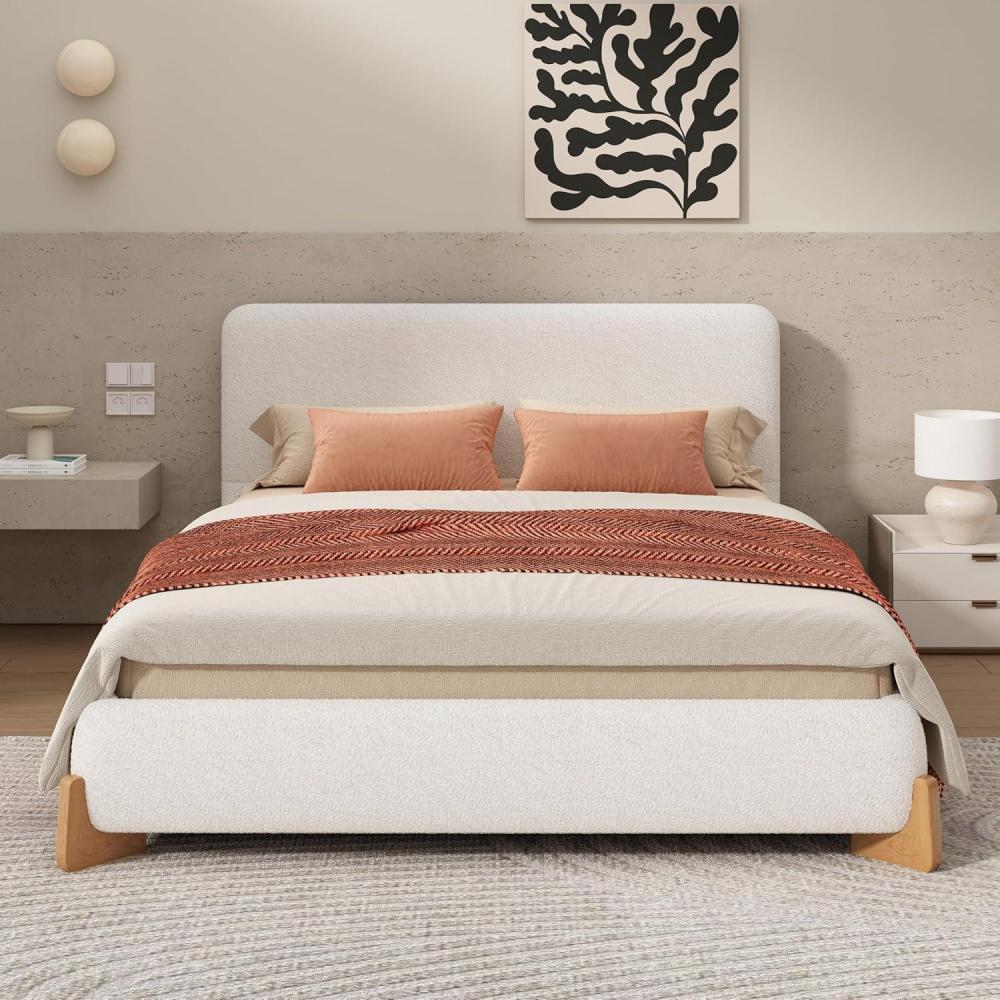 image:imageChristopher Knight Home Bettine Boucle Queen Size Bed Frame and Headboard Upholstered Queen Size Headboard Wooden Slat Panel Platform Bed Brown Wood Leg No Box Spring Needed Easy Assembly WhiteNatural Wood Leg